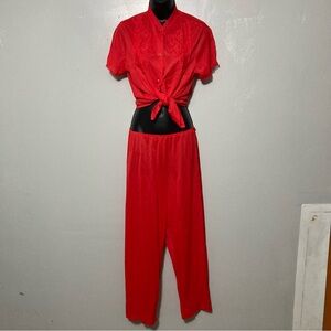 1960s Women’s 2 Piece Red Lace Pajama Pants Set Lace and Nylon Coquette
